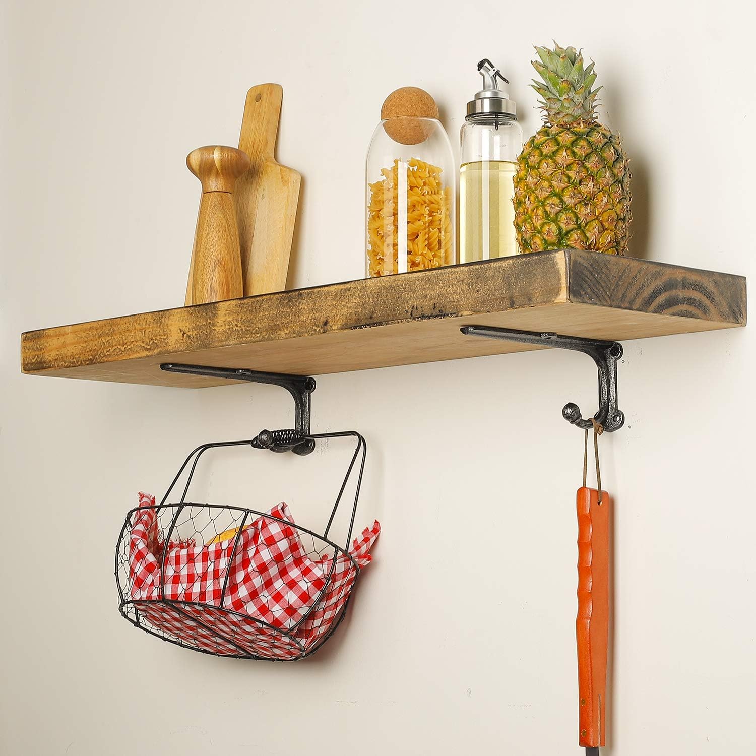 Rustic Floating Shelf Bracket 8 Inch, Cast Iron Shelf Brackets for Wall Shelving, Heavy Duty Shelf Bracket Supports, Decorative Shelves Brackets With Hooks, 4 Pack