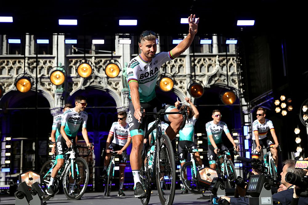 Peter Sagan and his Bora-Hansgrohe team at the Tour de France presentation