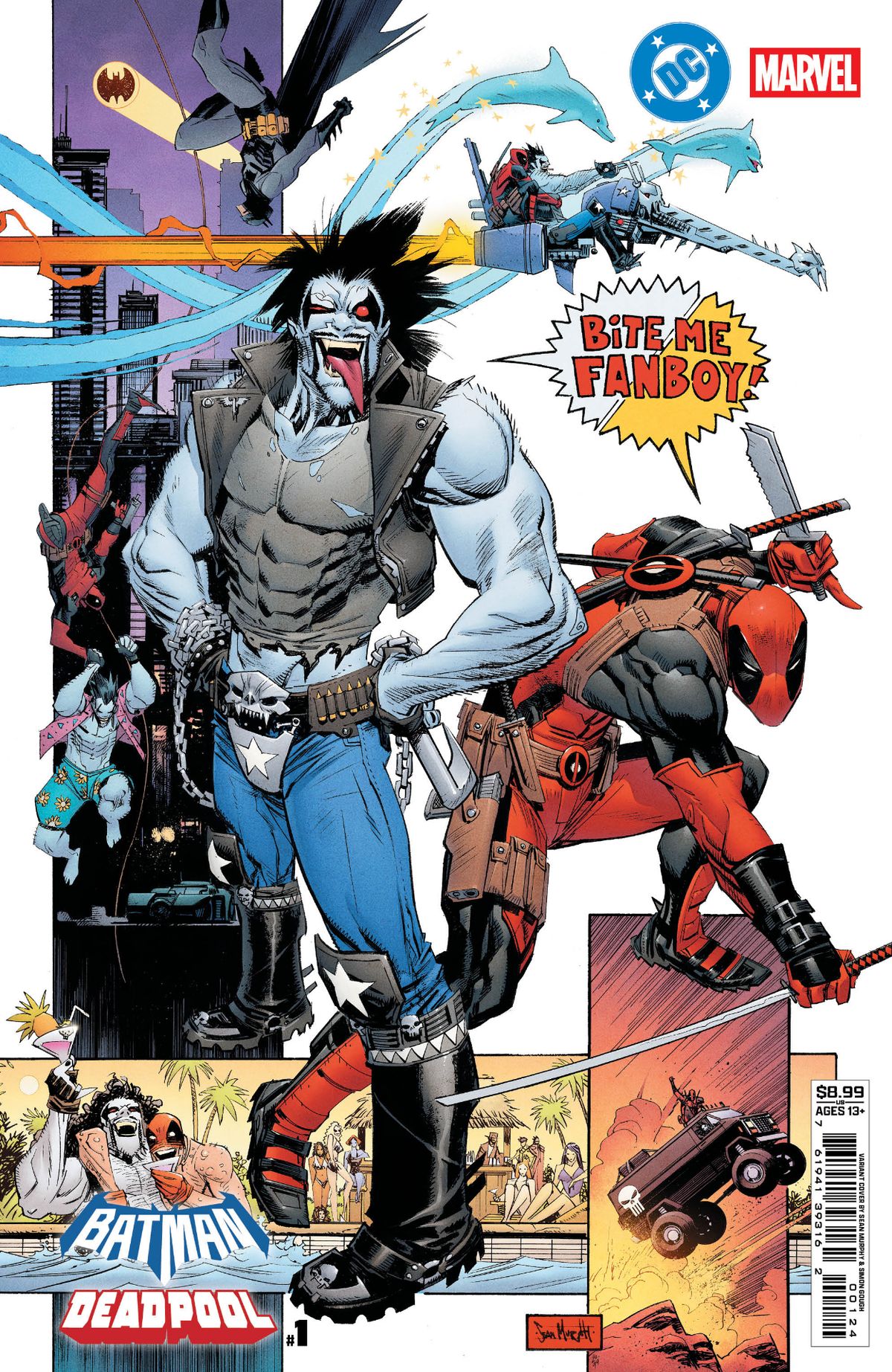 Lobo and Deadpool mockingly saying "Bite me, Fanboy!"
