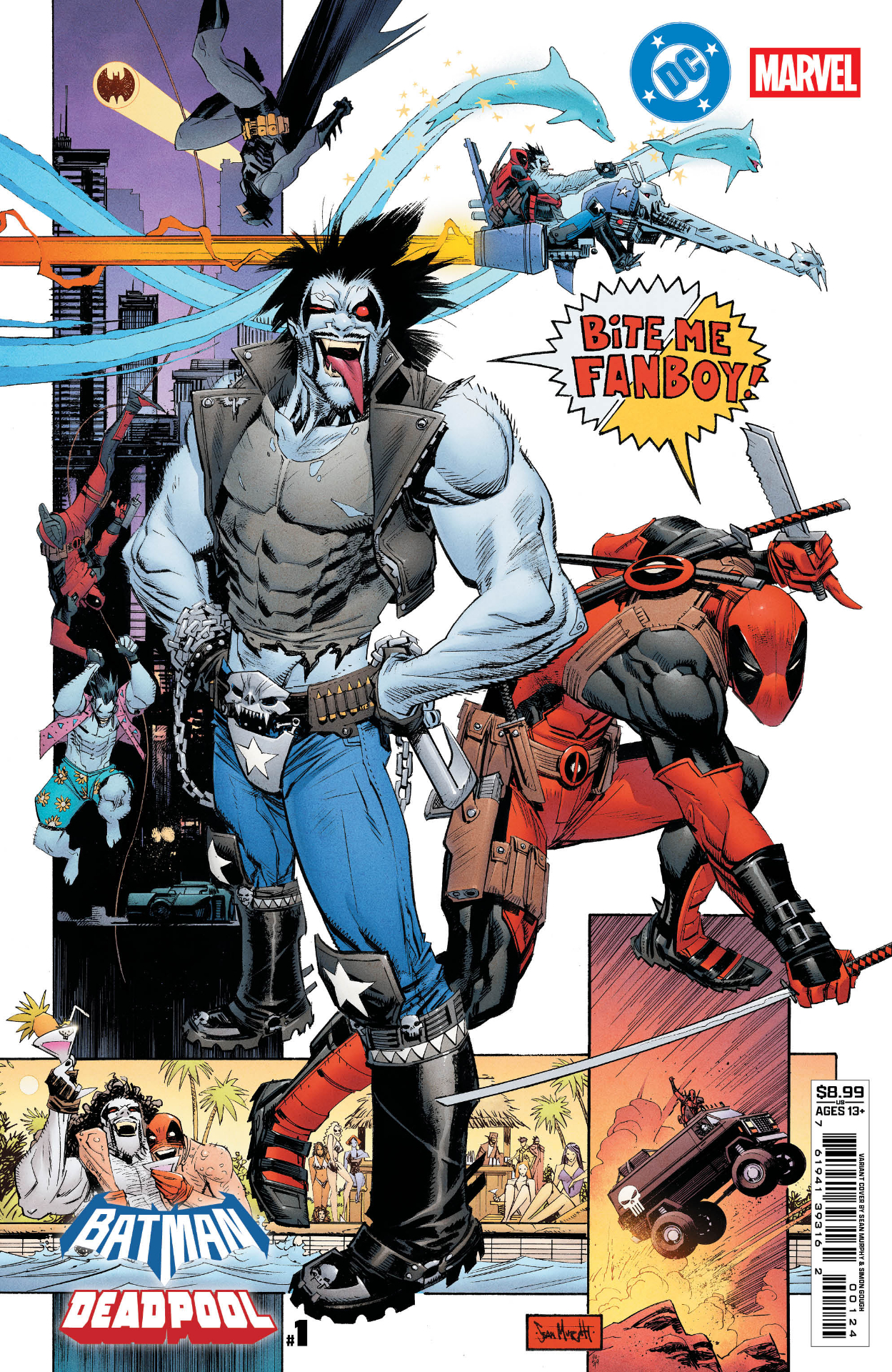 Lobo and Deadpool mockingly saying "Bite me, Fanboy!"