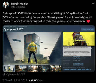 Cyberpunk 2077 Steam reviews are now sitting at "Very Positive" with 80% of all scores being favourable. Thank you all for acknowledging all the hard work the team has put in over the years since the release!