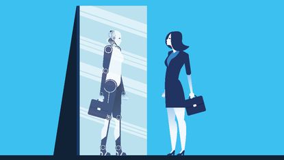 Businesswoman standing and looking body in mirror of robot reflection. Concept business vector illustration. Flat design style