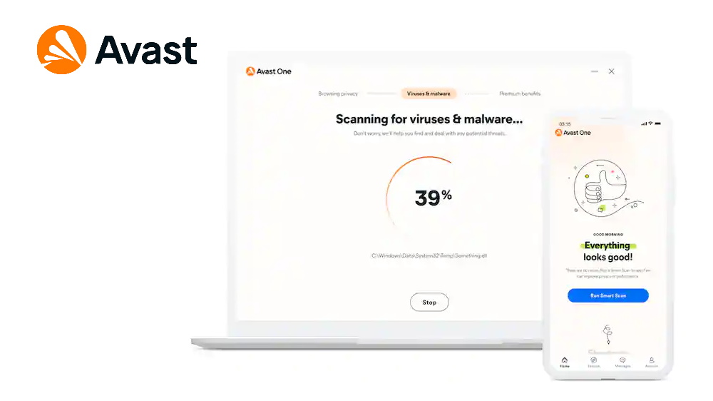 Avast One running on a laptop and smartphone