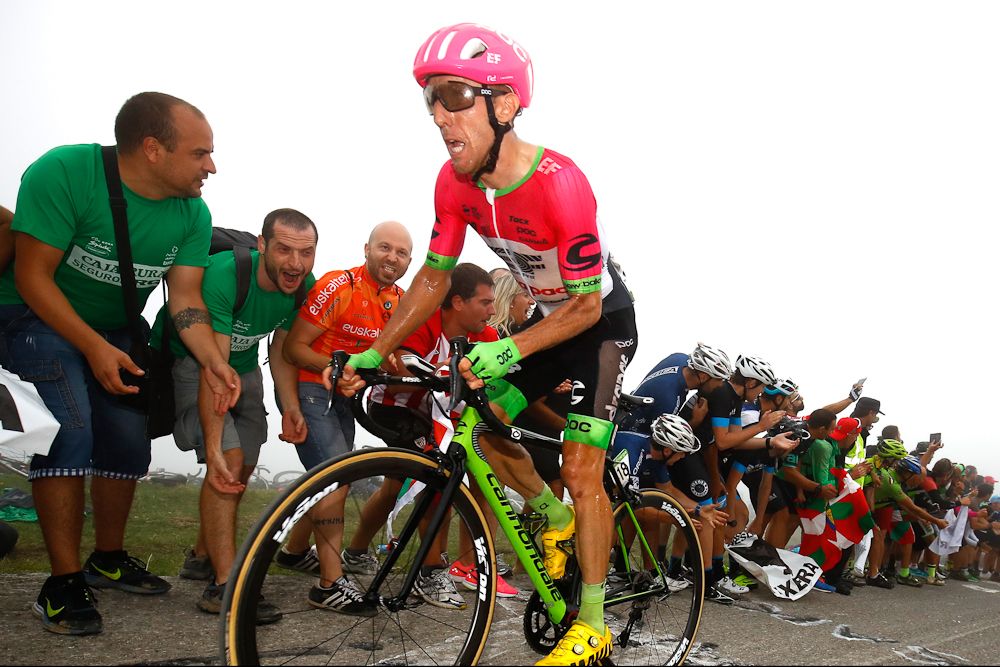 Michael Woods climbs toward victory during stage 17 at the Vuelta