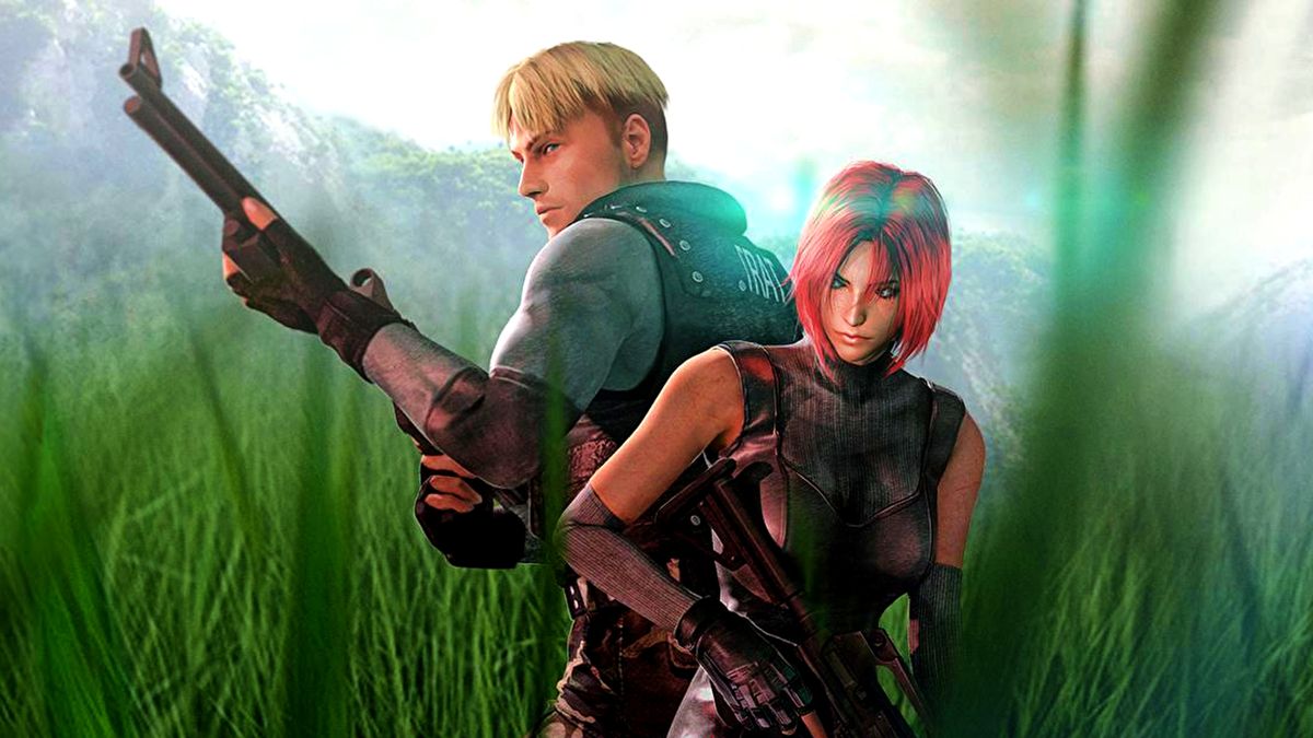 Dino Crisis 2 art showing a young woman and man back-to-back amid tall green grass, both with their weapons drawn