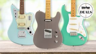 Three Fender guitars on a wooden floor