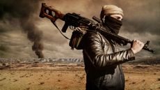 Illustration of a Syrian rebel against a backdrop of smoke rising from a city