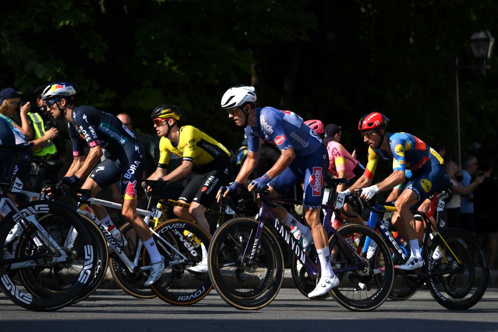 QUEBEC CITY QUEBEC SEPTEMBER 13 LR Jai Hindley of Australia and Team Red Bull BORA hansgrohe and Tobias Bayer of Austria and Team Alpecin Deceuninck compete during the 13th Grand Prix Cycliste de Quebec 2024 a 2016km one day race from Quebec City to Quebec City UCIWT on September 13 2024 in Quebec City Quebec Photo by Alex BroadwayGetty Images