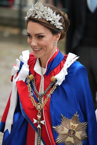 Catherine, Princess of Wales arrives ahead of the Coronation of King Charles III and Queen Camilla on May 6, 2023 in London, England