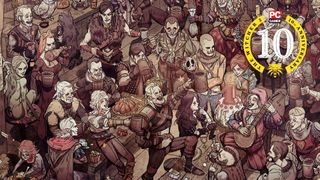 Various characters from The Witcher 3 drinking and celebrating in a tavern. 