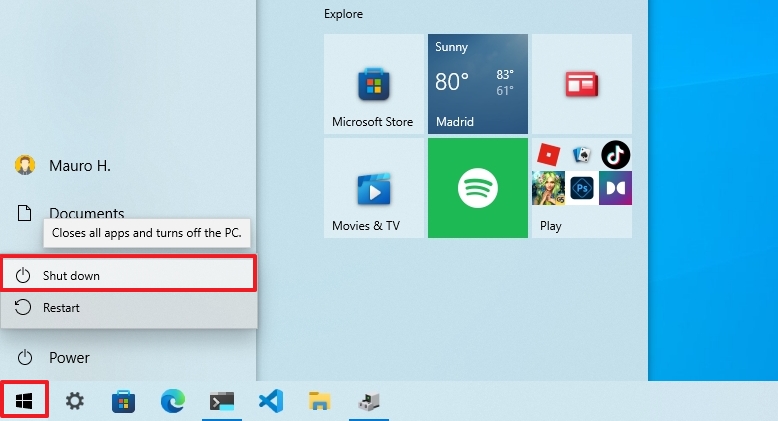 Start menu shutdown option