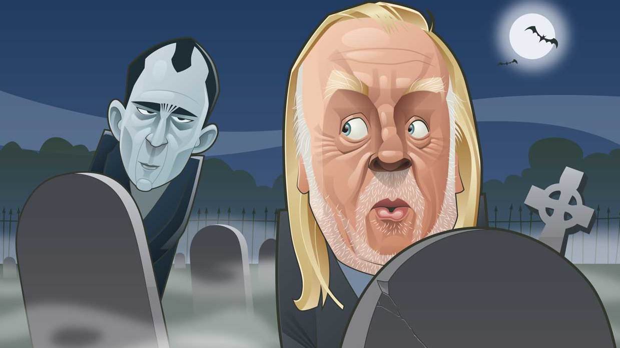 cartoon of Rick Wakeman urinating in a graveyard