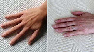A close-up of.a hand touching the surface of the Simba Hybrid Pro mattress (left) vs a closeup of a hand touching the Panda Bamboo Hybrid mattress (right)