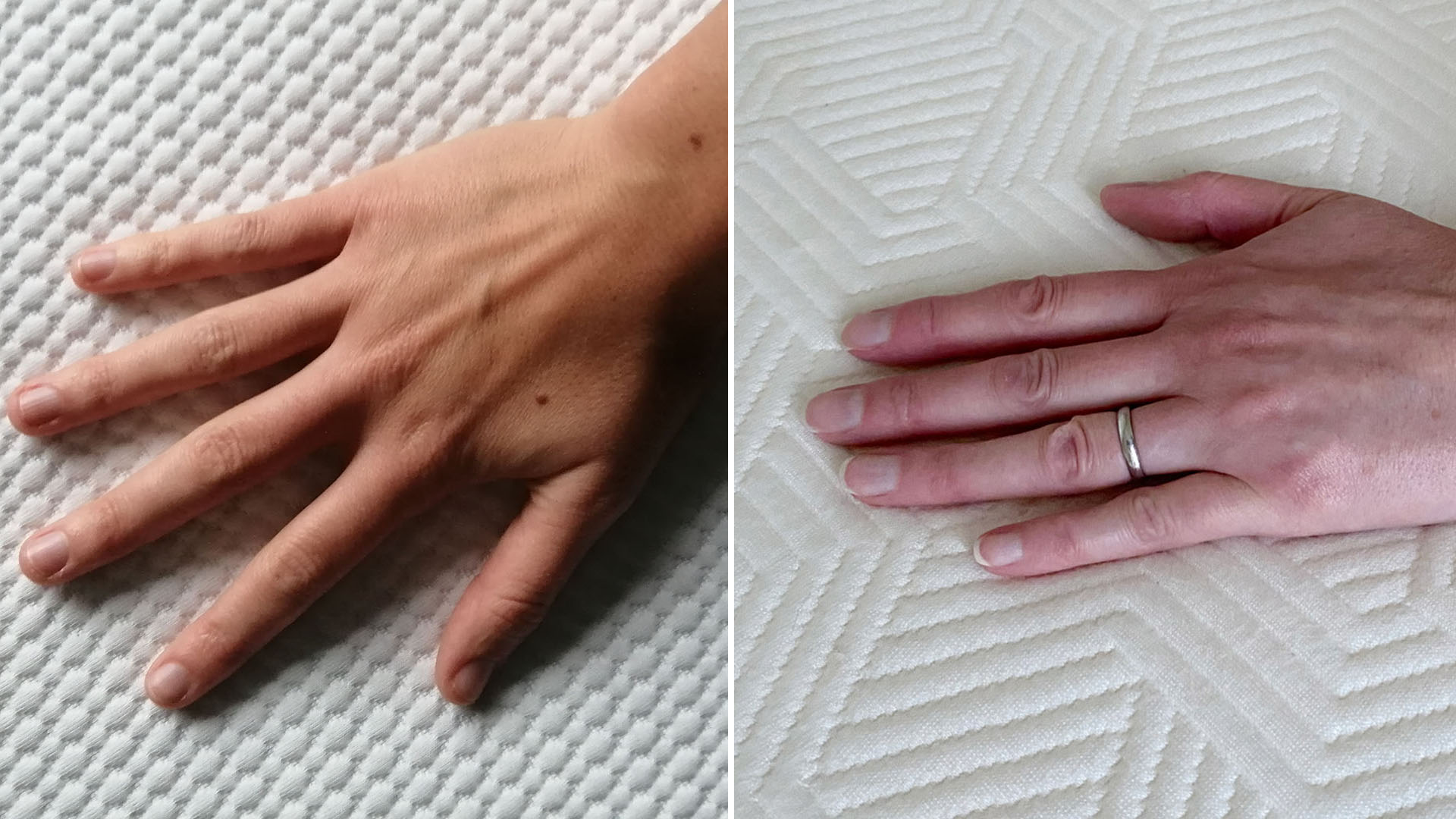A close-up of.a hand touching the surface of the Simba Hybrid Pro mattress (left) vs a closeup of a hand touching the Panda Bamboo Hybrid mattress (right)