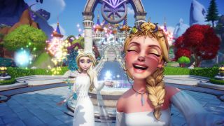Disney Dreamlight Valley player character smiles while posing with Elsa outside the castle