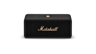 A front-facing shot of the Marshall Emberton III portable Bluetooth speaker in its Black & Brass colour variation. The image has been placed on a plain white background.