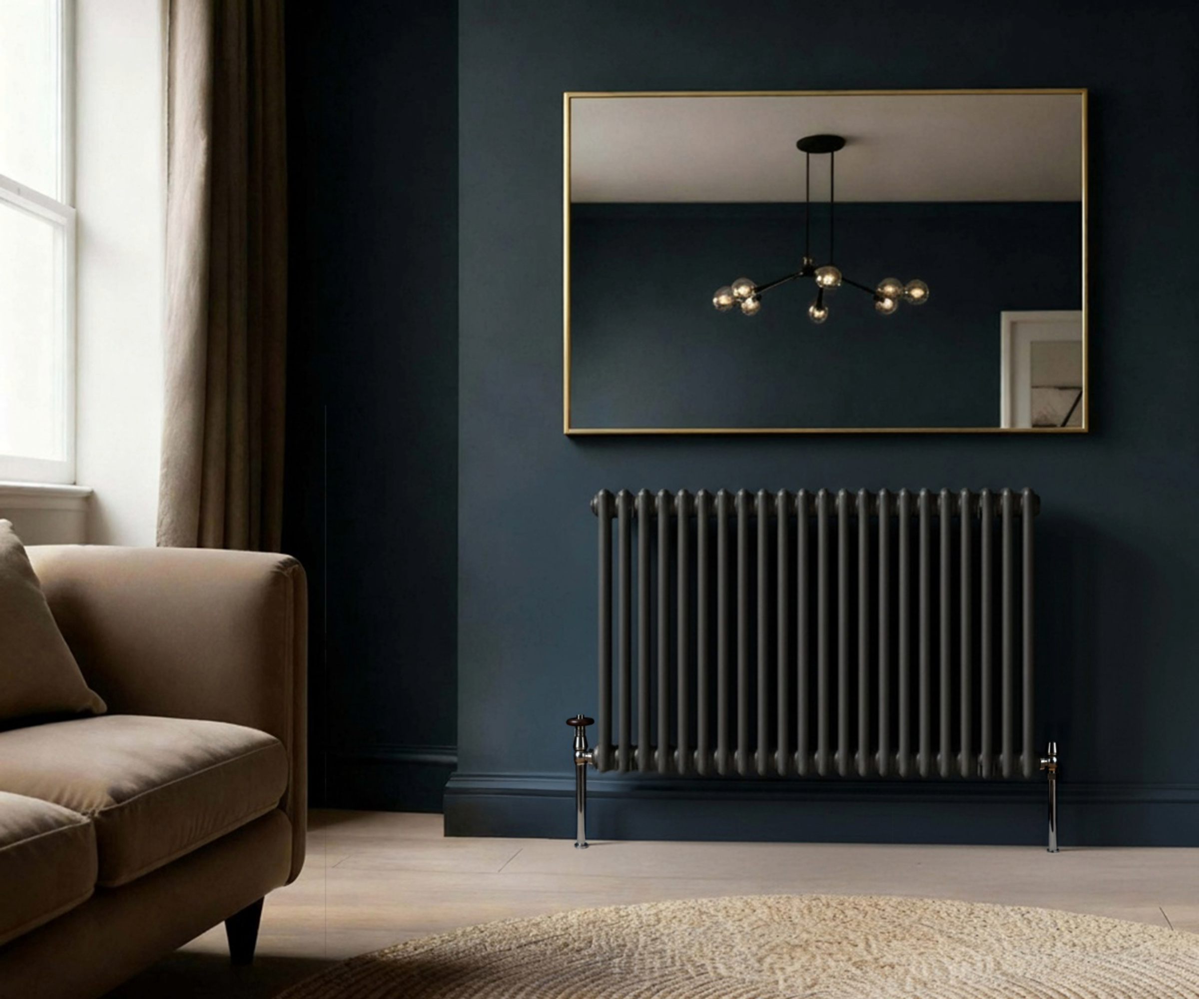 Radiator on a dark blue wall with a mirror