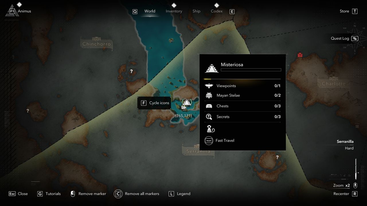 Black Flag Mayan stones: A map showing the location of a Mayan stone/stele on Misteriosa, Serranilla.