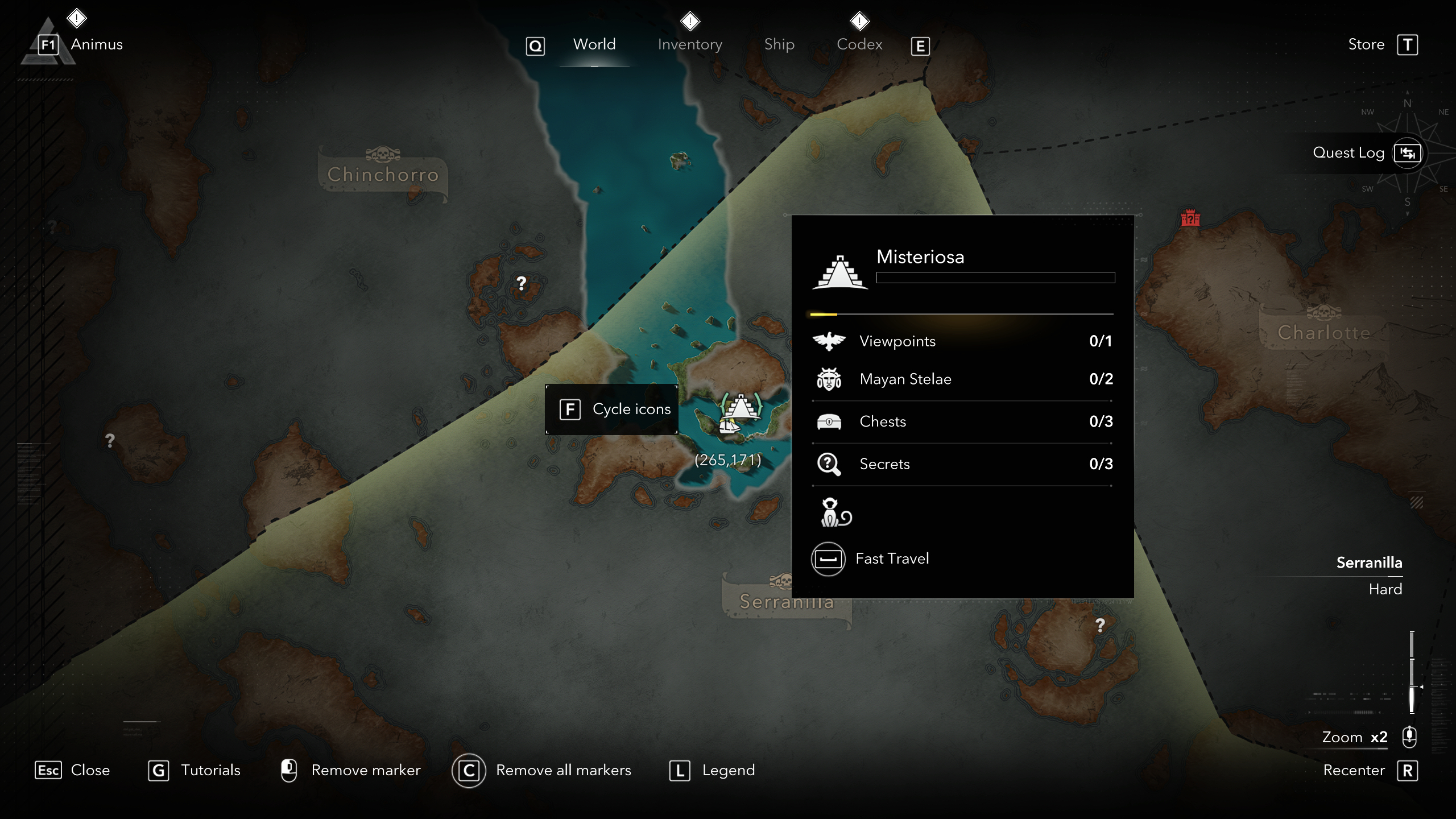 Black Flag Mayan stones: A map showing the location of a Mayan stone/stele on Misteriosa, Serranilla.