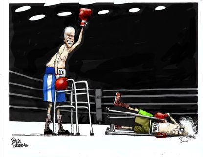 Political Cartoon U.S. Joe Biden Bernie Sanders DNC democratic primaries boxing ring fight knockout