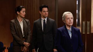 Leah Lewis as Sarah Franklin, David Del Rio as Billy Martinez and Kathy Bates as Madeline Matlock in court in Matlock episode 6