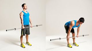 Man demonstrates two positions of the Romanian deadlift using an empty Olympic barbell