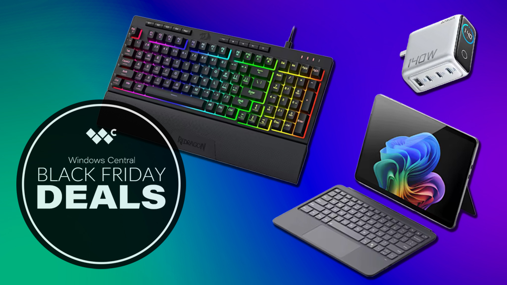 An RGB mechanical keybooard, a Microsoft surface with a keyboard, and an Anker wall charger on a colorful background. A graphic in the bottom left corner shows the Windows Central logo and says, "Windows Central Black Friday Deals."