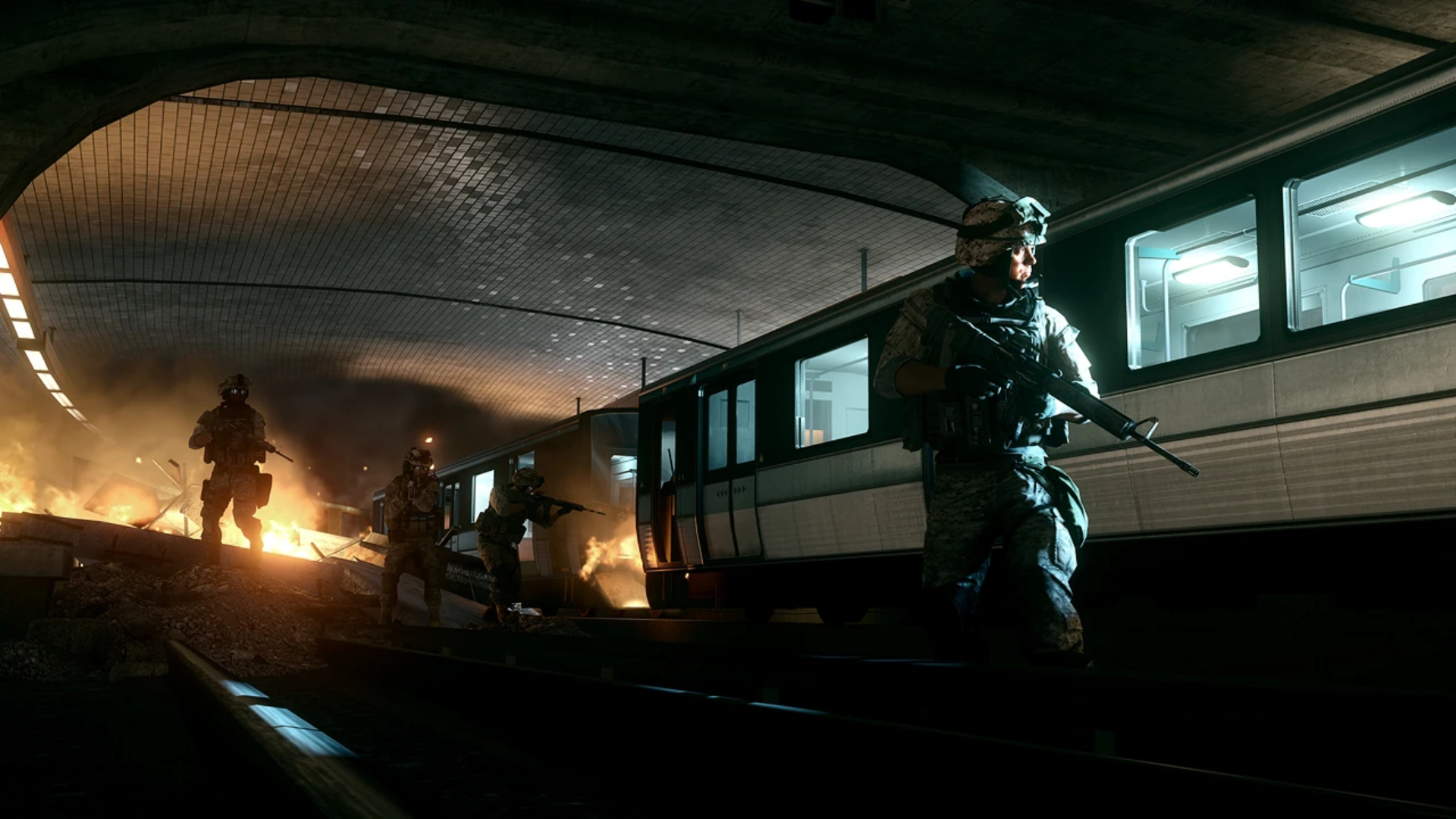 Battlefield 6 community map remakes: Soldiers walking down a dark metro line, with fire in the background, in the Operation Metro map from Battlefield 3.