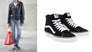composite of street style shot of woman wearing Vans and a cut out of Vans trainers in black with white stripe