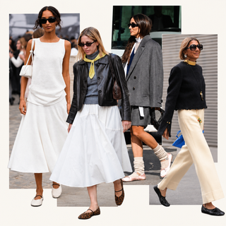 Collage of four street style looks featuring ballet flats styled with flowing skirts, tailored shorts, and wide-leg trousers.