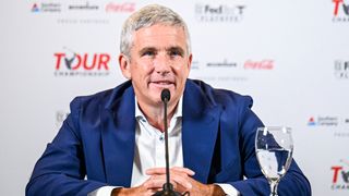 Jay Monahan talks to the media at the Tour Championship