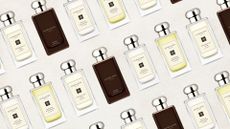 A collage feature product shots of some of the best Jo Malone perfumes featured in this guide, all arranged in a repeated, diagonal line pattern over a cream template