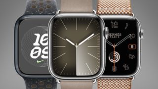 Three Apple Watches with fashion straps on a grey background
