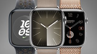 Trois Apple Watches avec des bracelets de mode sur fond gris