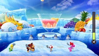 Super Mario Party Jamboree screenshot showing characters assembling an ice cream sundae