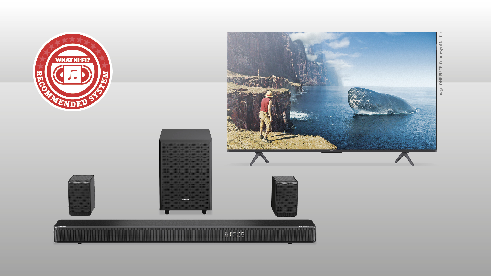 TCL 50C6KS TV and Hisense AX5125H soundbar on a grey background with a recommended system badge