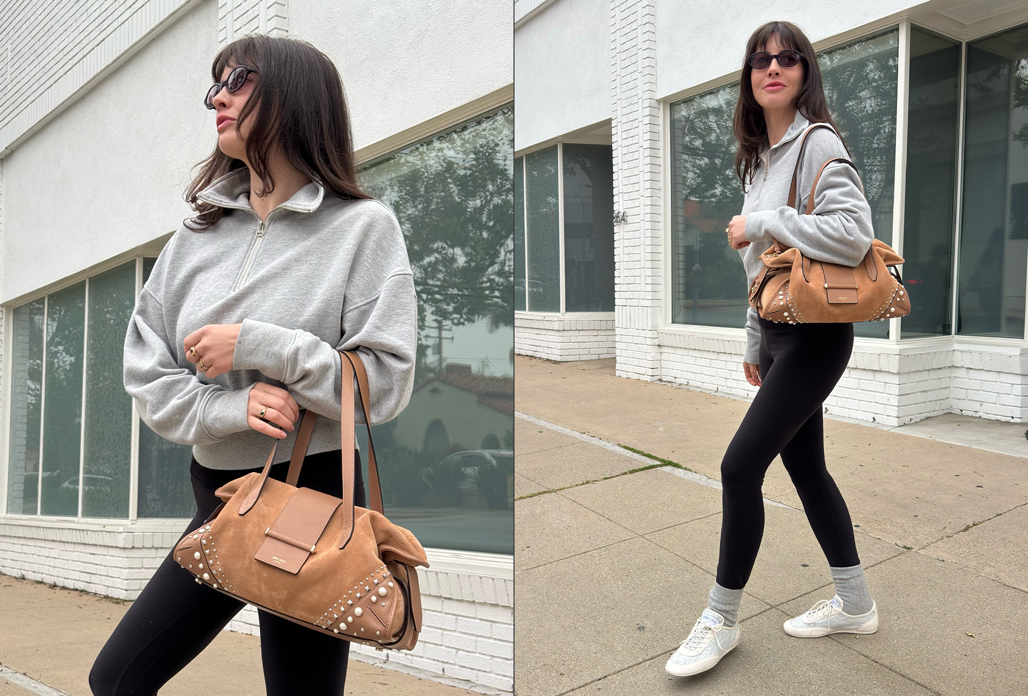 Kat Collings posing in Jimmy Choo sneakers and handbag.