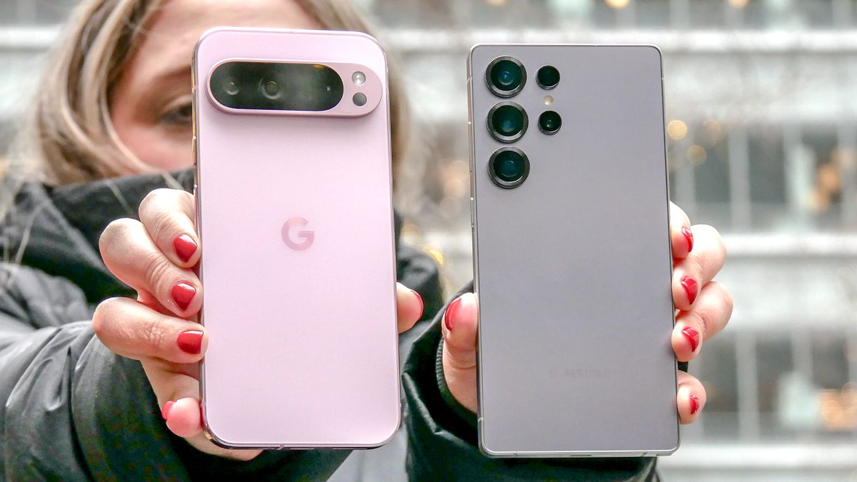 Galaxy S25 Ultra vs. Pixel 9 Pro XL held in the hand.