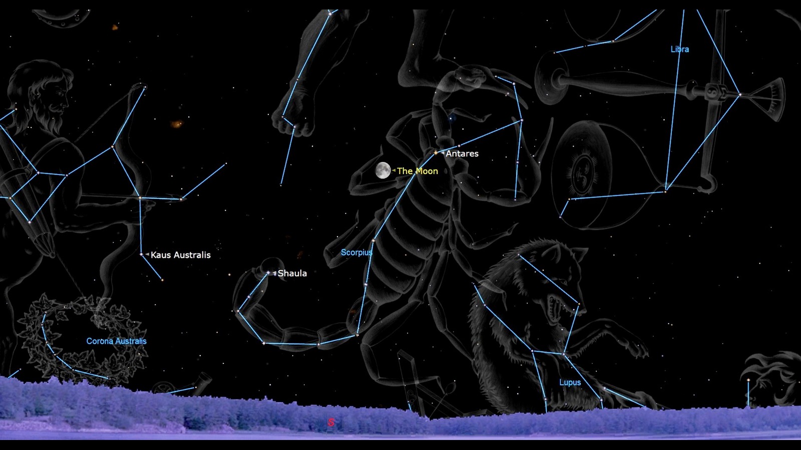 A map of the night sky showing the moon and Antares