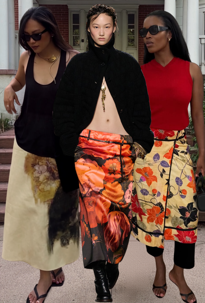 A collage of the floral skirt trend, one of the key printed skirt trends for autumn 2026.