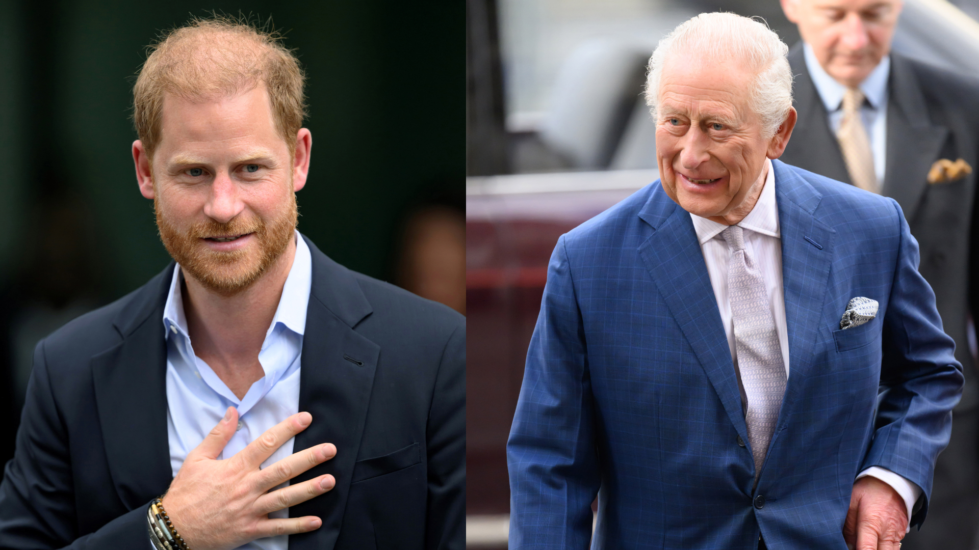 Prince Harry and King Charles, both wearing suits and smiling