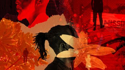 Abstract image of silhouettes of faces against a backdrop of leaves and a "missing" sign