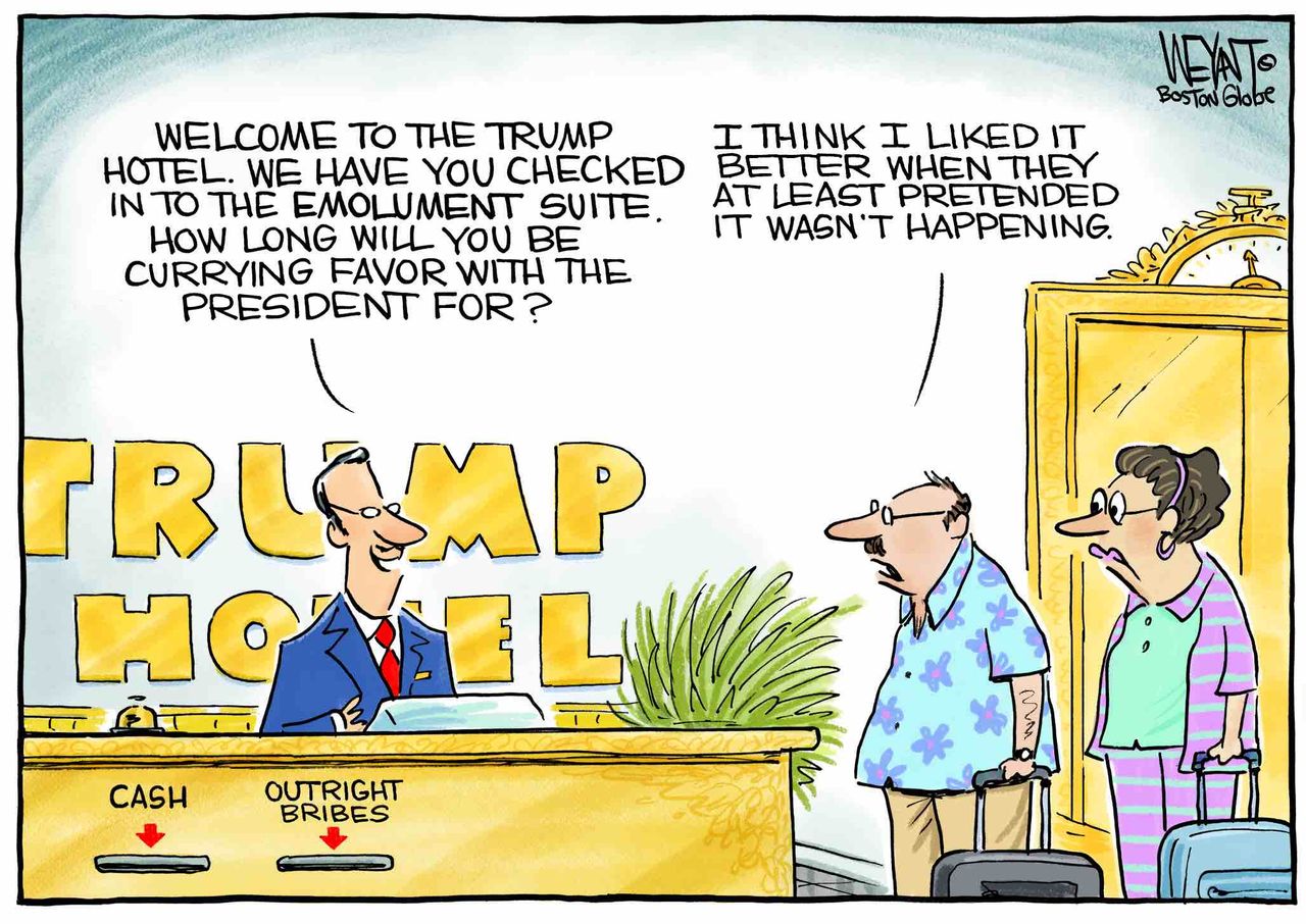 Political Cartoon U.S. Trump Hotel Emoluments Case Bribery Corruption