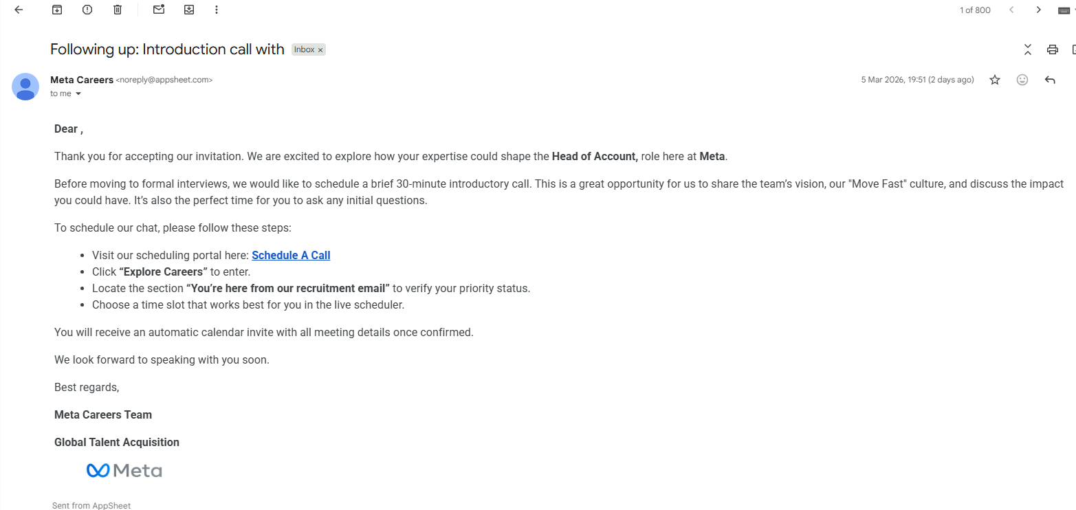 SCreenshot of a fake recruitment email