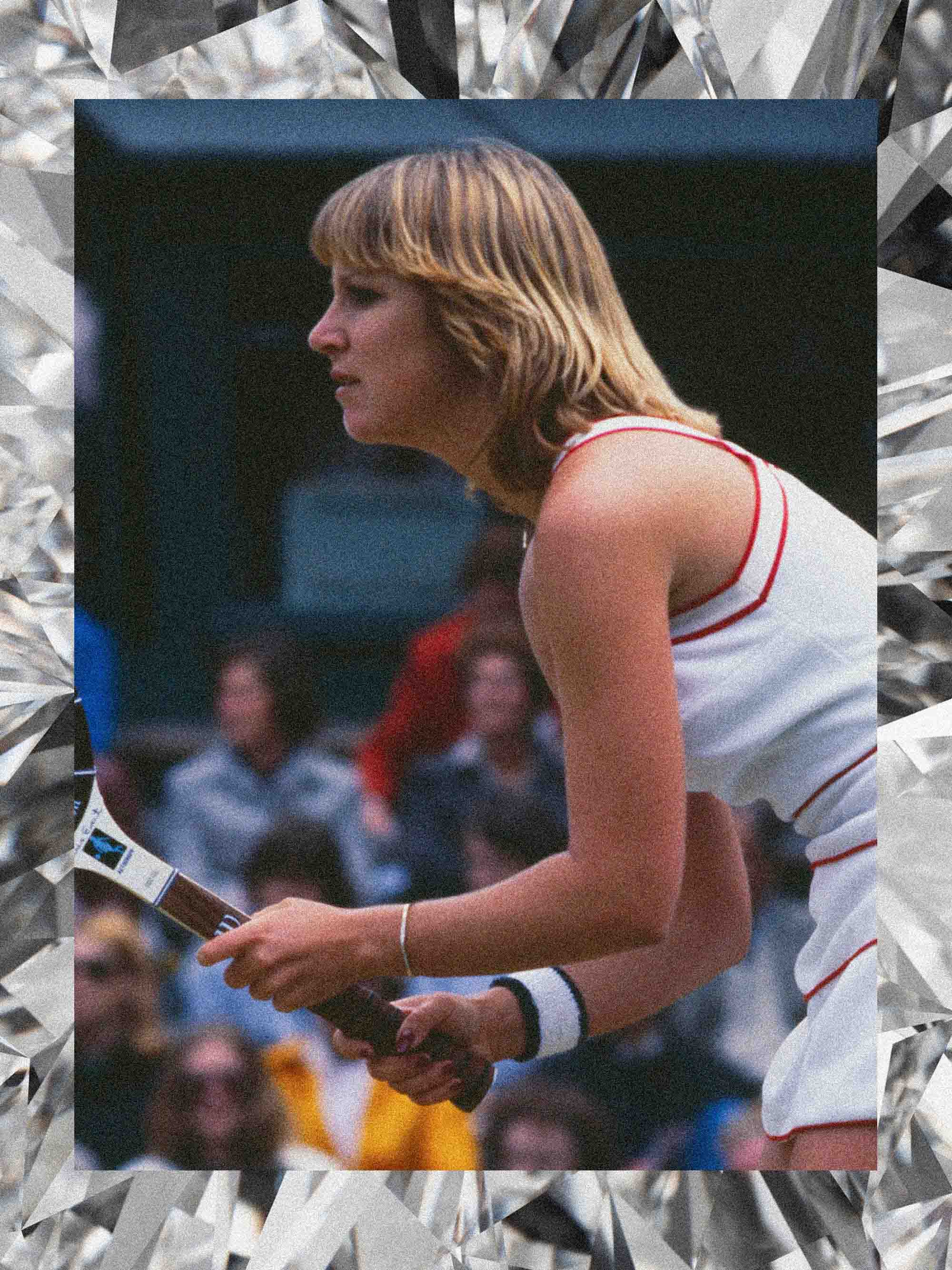 Chris Evert competing while wearing a diamond tennis bracelet
