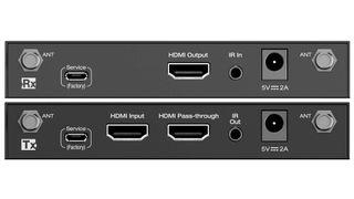 The rear panels of the KD-4KWHCEX wireless HDMI transmitter and receiver.