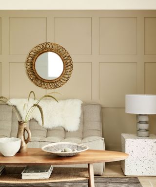 Color of the Month, Living room painted in Travertine by Little Greene