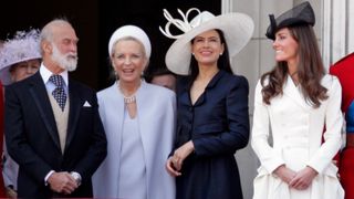Prince Michael of Kent, Princess Michael of Kent, Sophie Winkleman, Lady Frederick Windsor and Catherine, Princess of Wales stand on the balcony of Buckingham Palace after the Trooping the Colour Parade on June 11, 2011