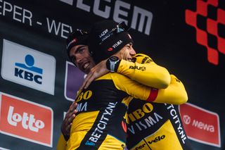Laporte and Van Aert embracing on the podium at Gent-Wevelgem