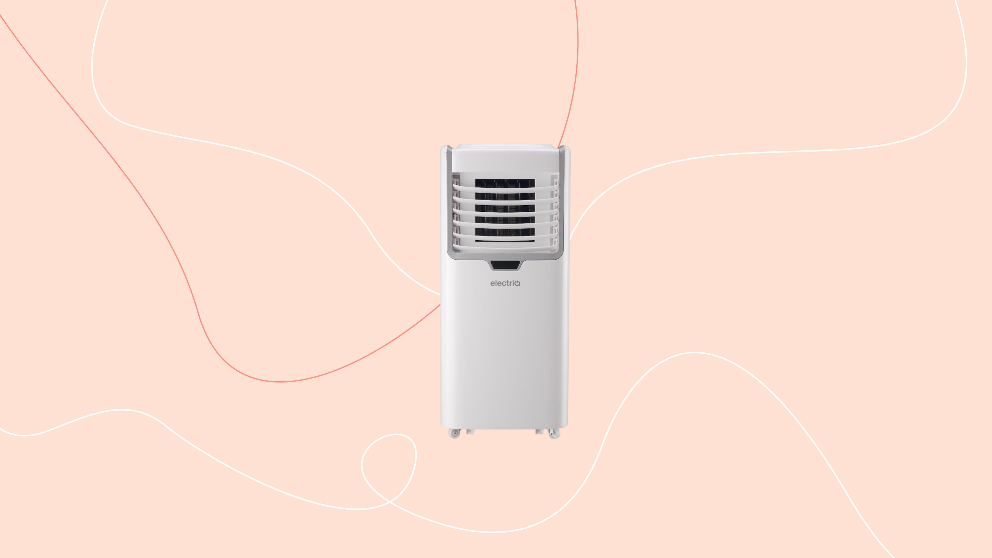 electriq 10000 BTU air conditioner on a pink graphic background
